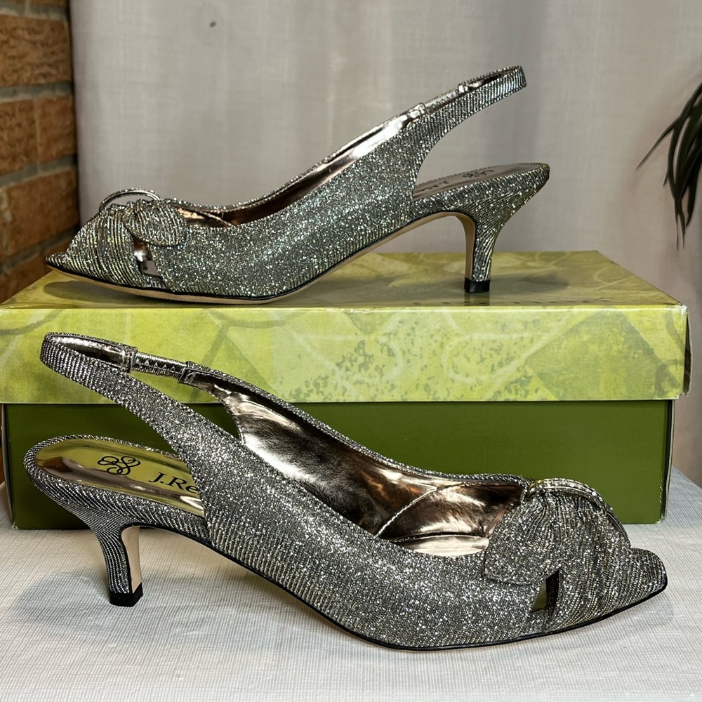 J. Reneé Slader shimmery pewter  kitten-heel slingback peep toe pump NEW - 7.5